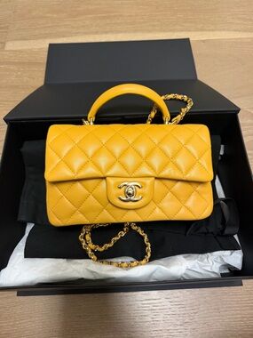 CHANEL Yellow Quilted Top Handle Shoulder Bag with Chain
